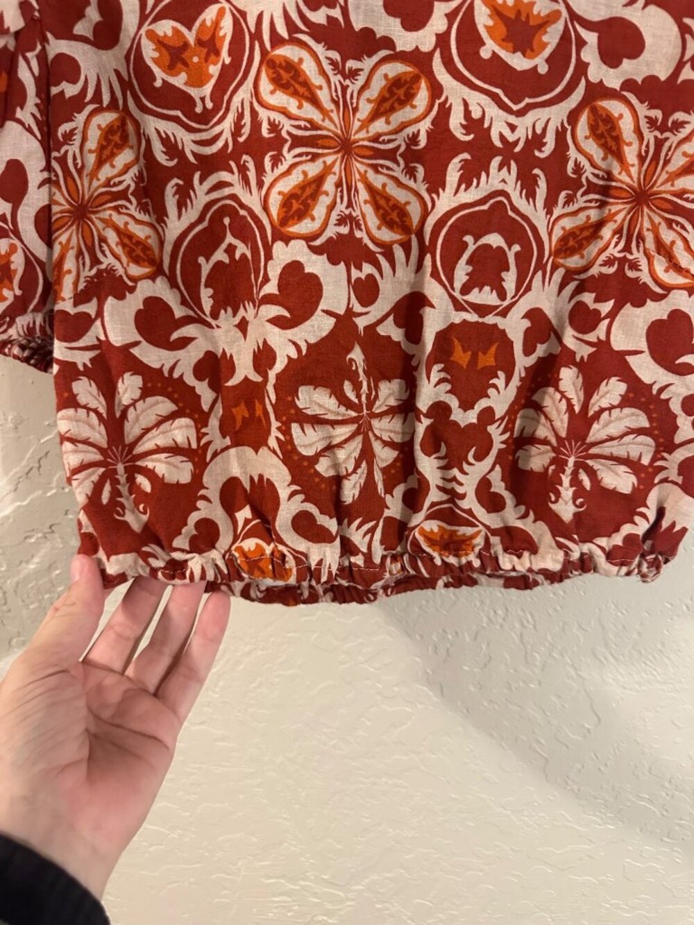 Rachel Zoe Linen Puff Sleeve Floral Boho Print Cropped Hippie Top - Picture 5 of 10